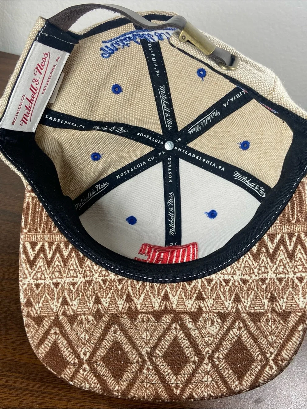 Mitchell & Ness Beige Brown Snapback Hat with Red Logo